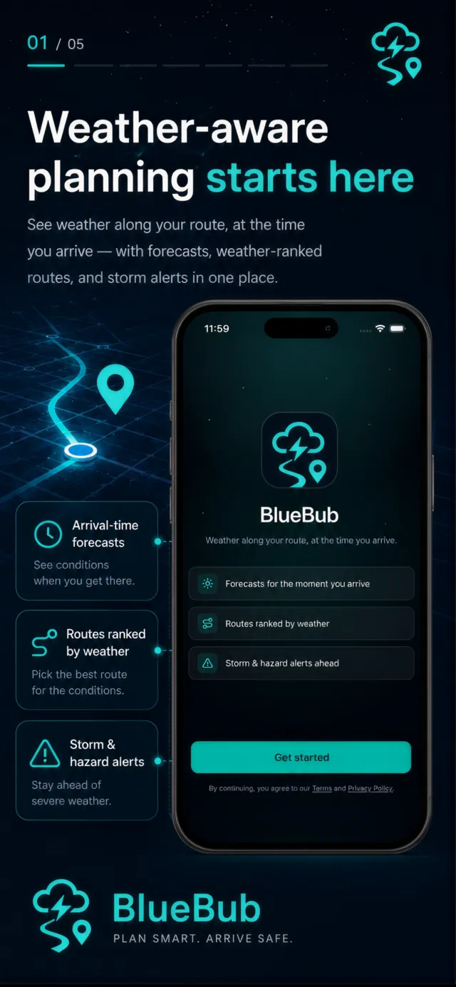 Weather-aware planning starts here. Arrival-time forecasts: see conditions when you get there. Routes ranked by weather: pick the best route for the conditions. Storm and hazard alerts: stay ahead of severe weather.