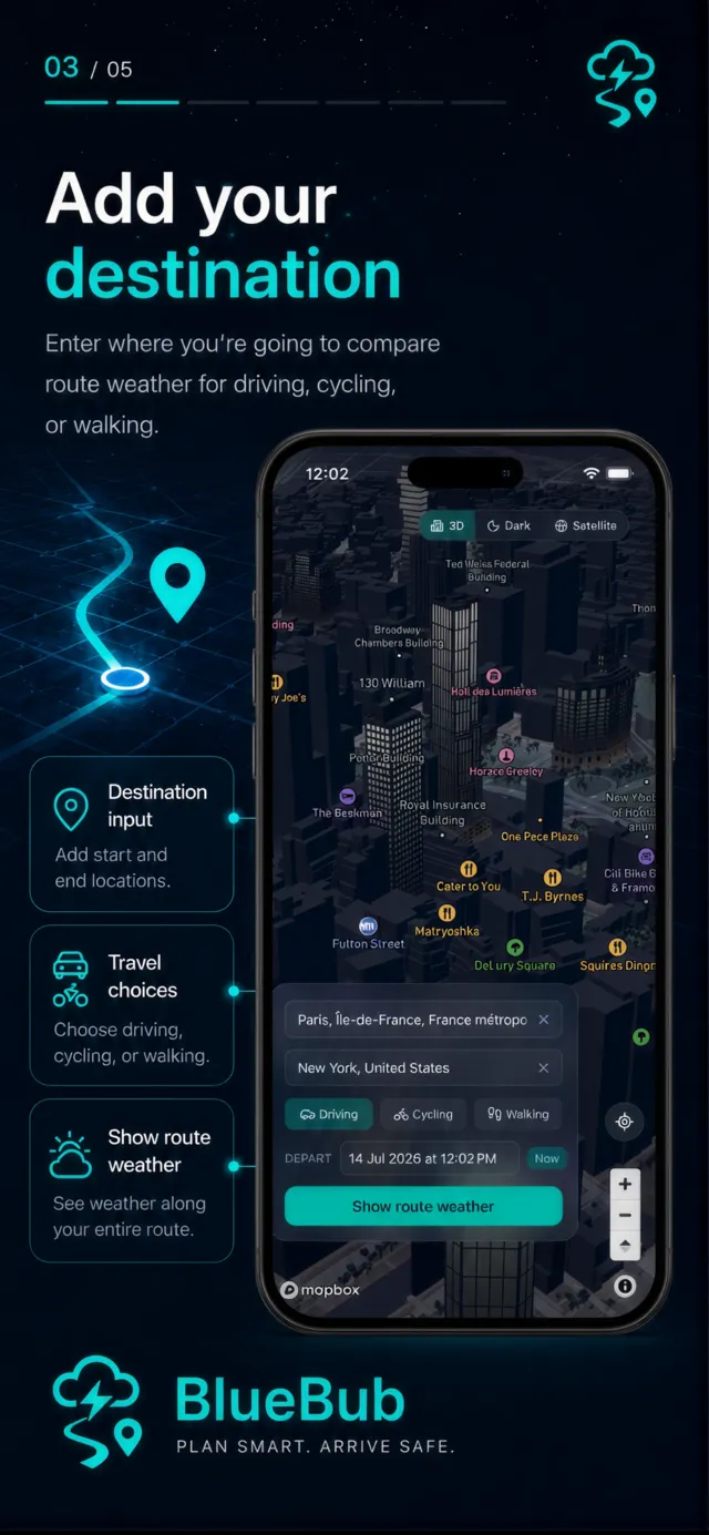 Add your destination. Destination input: add start and end locations. Travel choices: driving, cycling, or walking. Show route weather: see weather along your entire route.