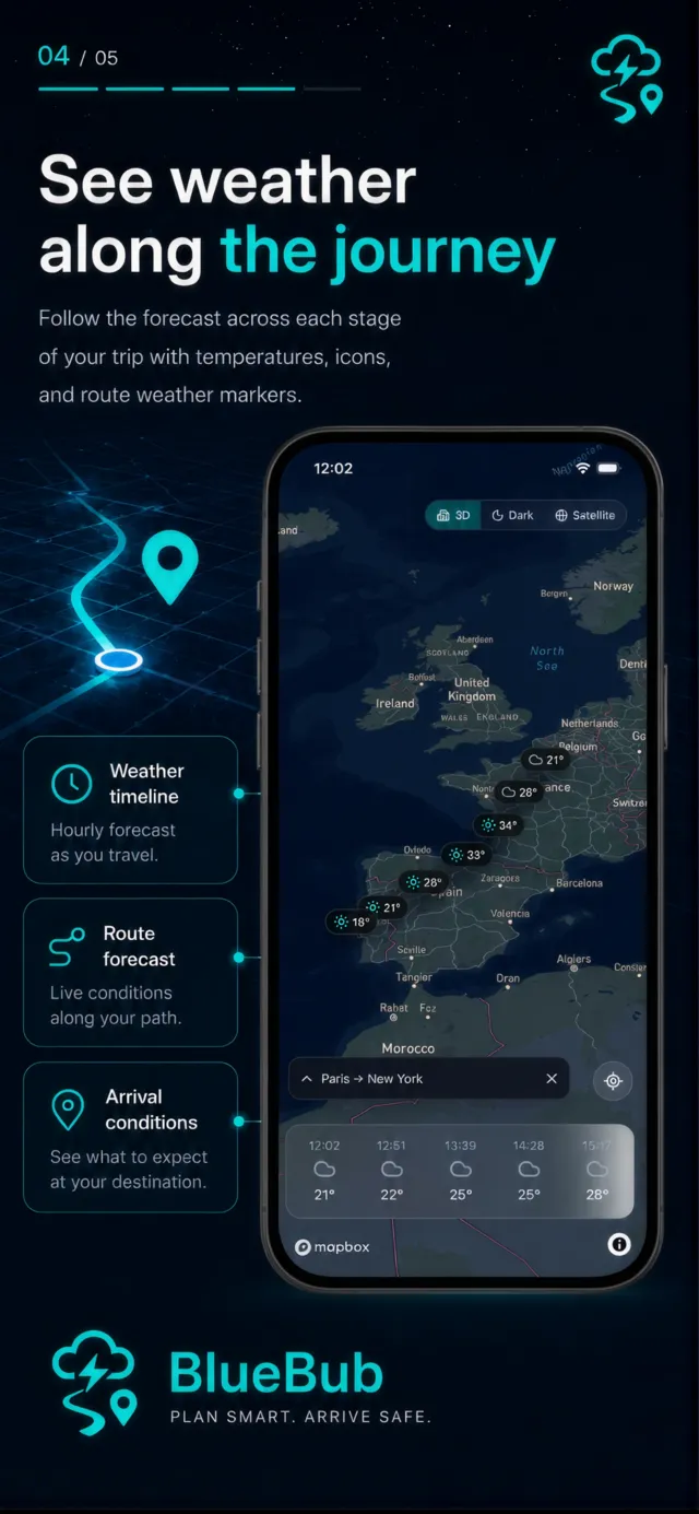 See weather along the journey. Weather timeline: hourly forecast as you travel. Route forecast: live conditions along your path. Arrival conditions: see what to expect at your destination.